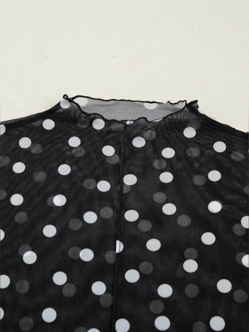 Women's Black Polka Dot Mesh Mock Neck Lightweight Top- Full & Plus Sizes - Picture 6 of 9